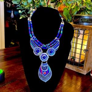 Bohemian, blue, multi colored, bib, statement necklace.